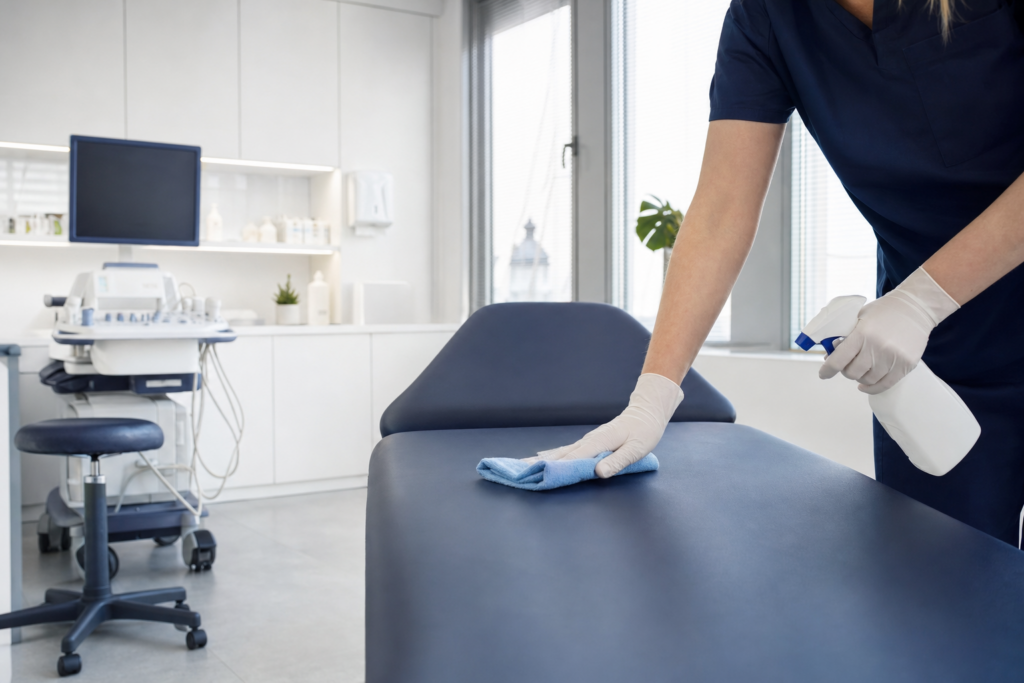 Een persoon maakt een behandelbank in een lichte, schone medische kamer schoon met een doek en sprayfles.